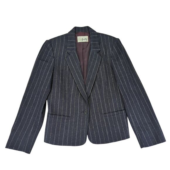 Vintage Gentry Navy Blue Pinstripe Wool‎ Blend Blazer Jacket 1 Button Women 8-10 - Picture 1 of 9